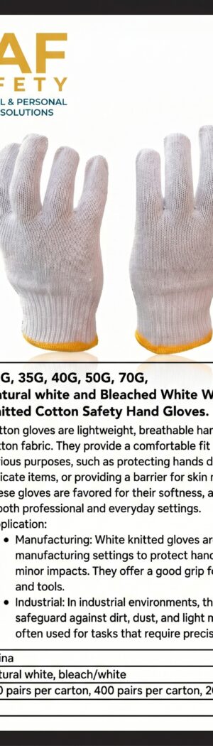 30G, 35G, 40G, 50G, 70G, Natural white and Bleached White Work Gloves  Knitted Cotton Safety Hand Gloves. - Safety Equipment Saudi Arabia | RAF Safety