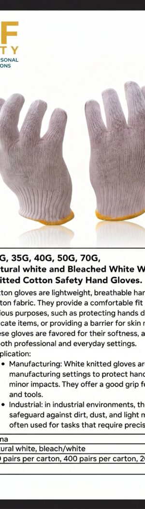 30G, 35G, 40G, 50G, 70G, Natural white and Bleached White Work Gloves  Knitted Cotton Safety Hand Gloves. - Safety Equipment Saudi Arabia | RAF Safety
