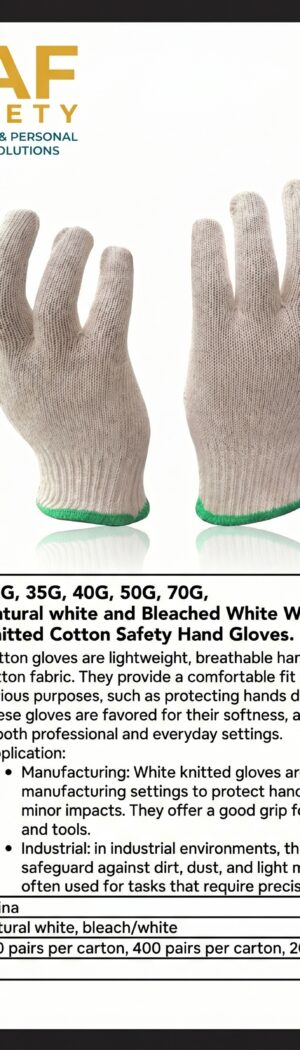 30G, 35G, 40G, 50G, 70G, Natural white and Bleached White Work Gloves  Knitted Cotton Safety Hand Gloves. - Safety Equipment Saudi Arabia | RAF Safety