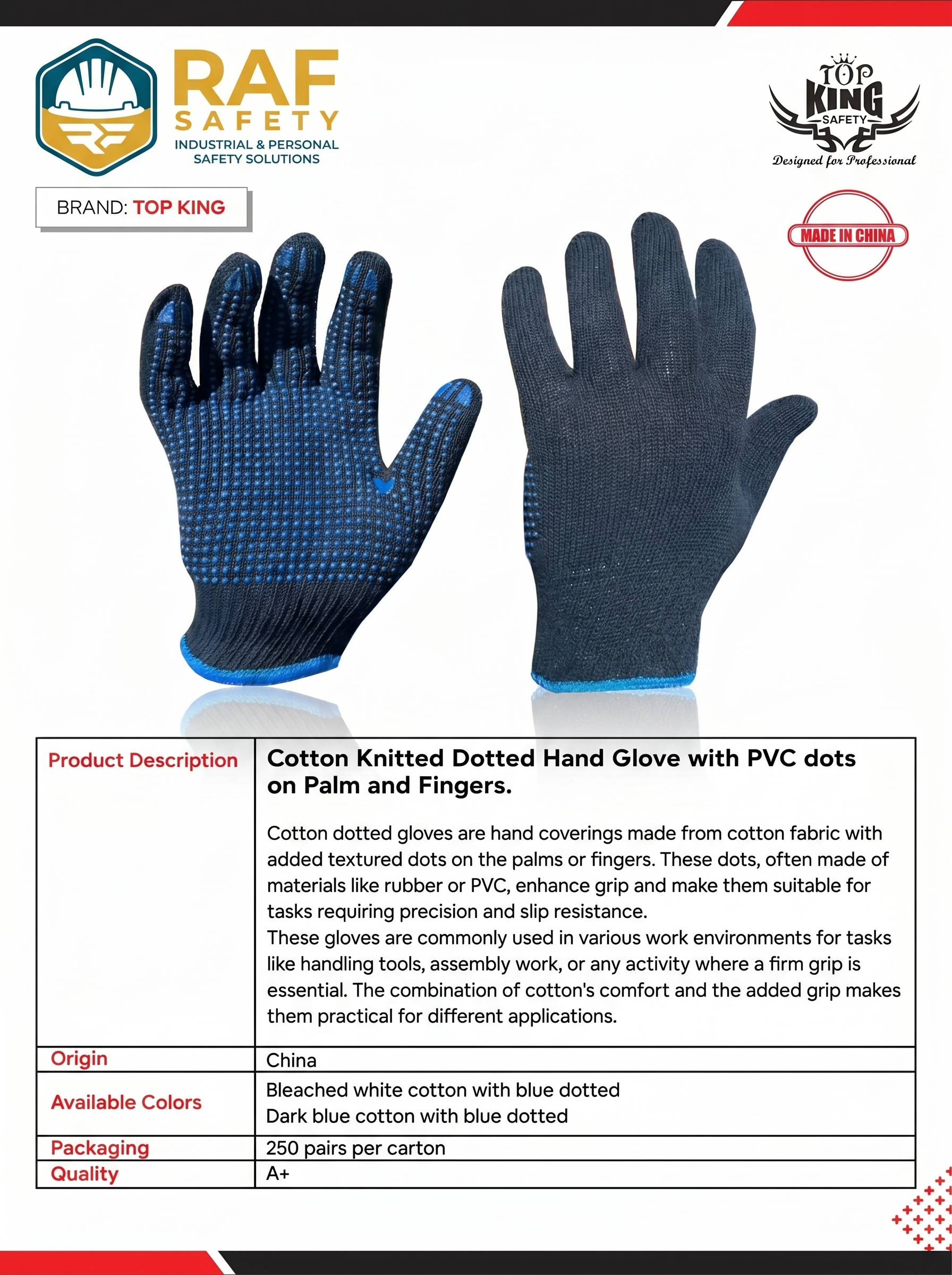 Cotton Knitted Dotted Hand Glove with PVC dots on Palm and Fingers.
