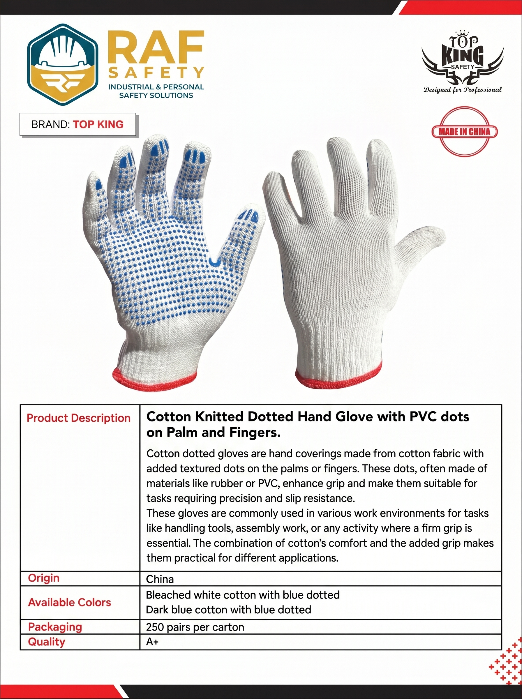 Cotton Knitted Dotted Hand Glove with PVC dots on Palm and Fingers.
