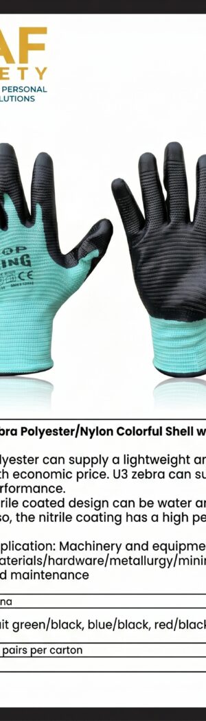 Zebra Polyester/Nylon Colorful Shell with Nitrile Palm Coated - Safety Equipment Saudi Arabia | RAF Safety