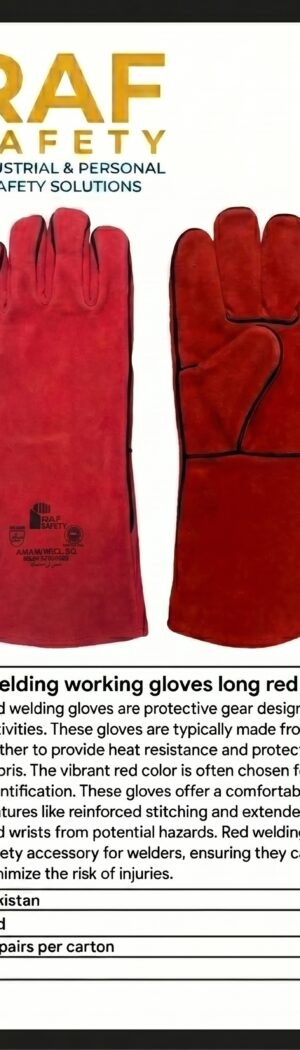 Welding working gloves long red (with black piping) - Safety Equipment Saudi Arabia | RAF Safety