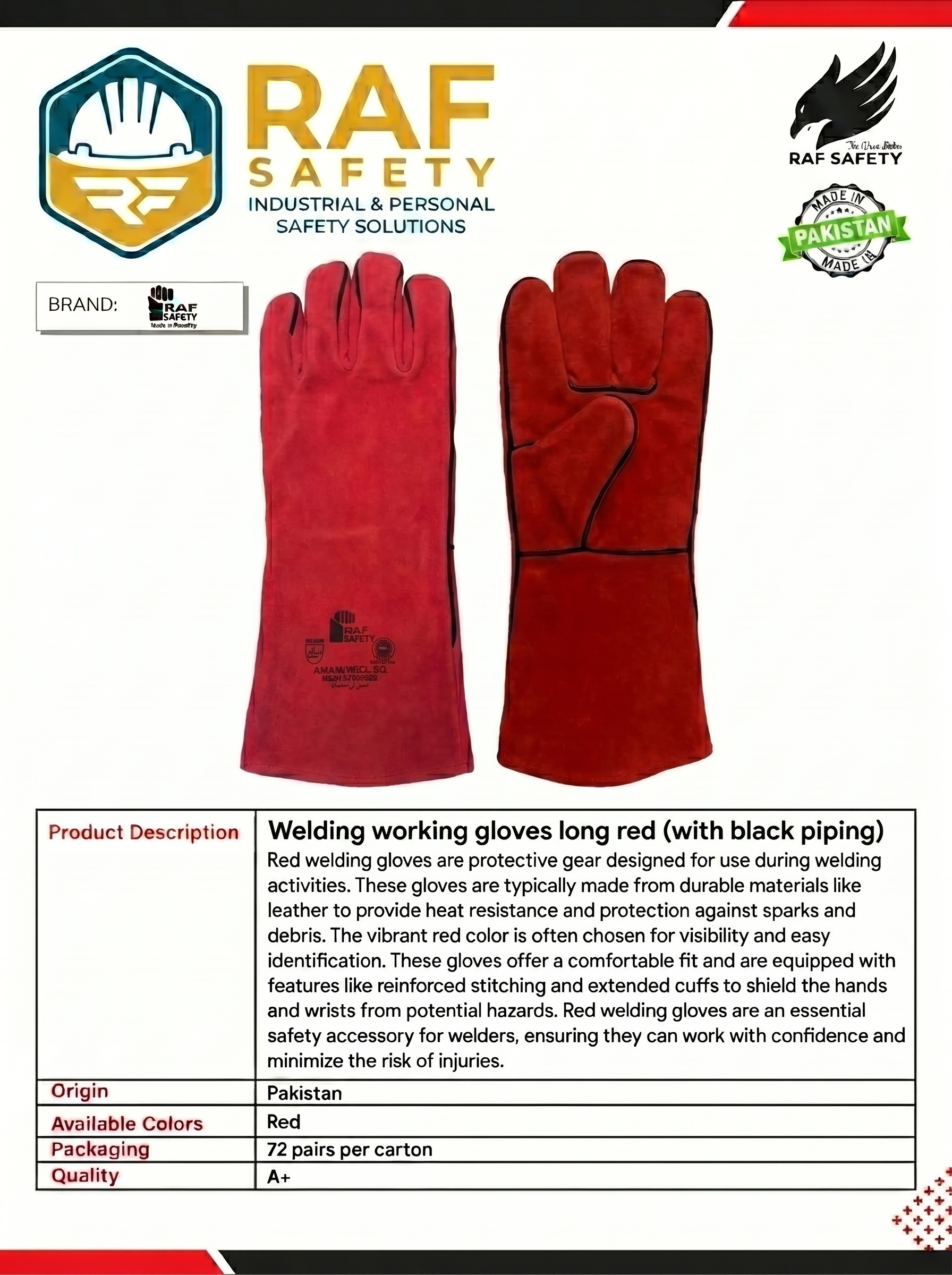 Welding working gloves long red (with black piping)