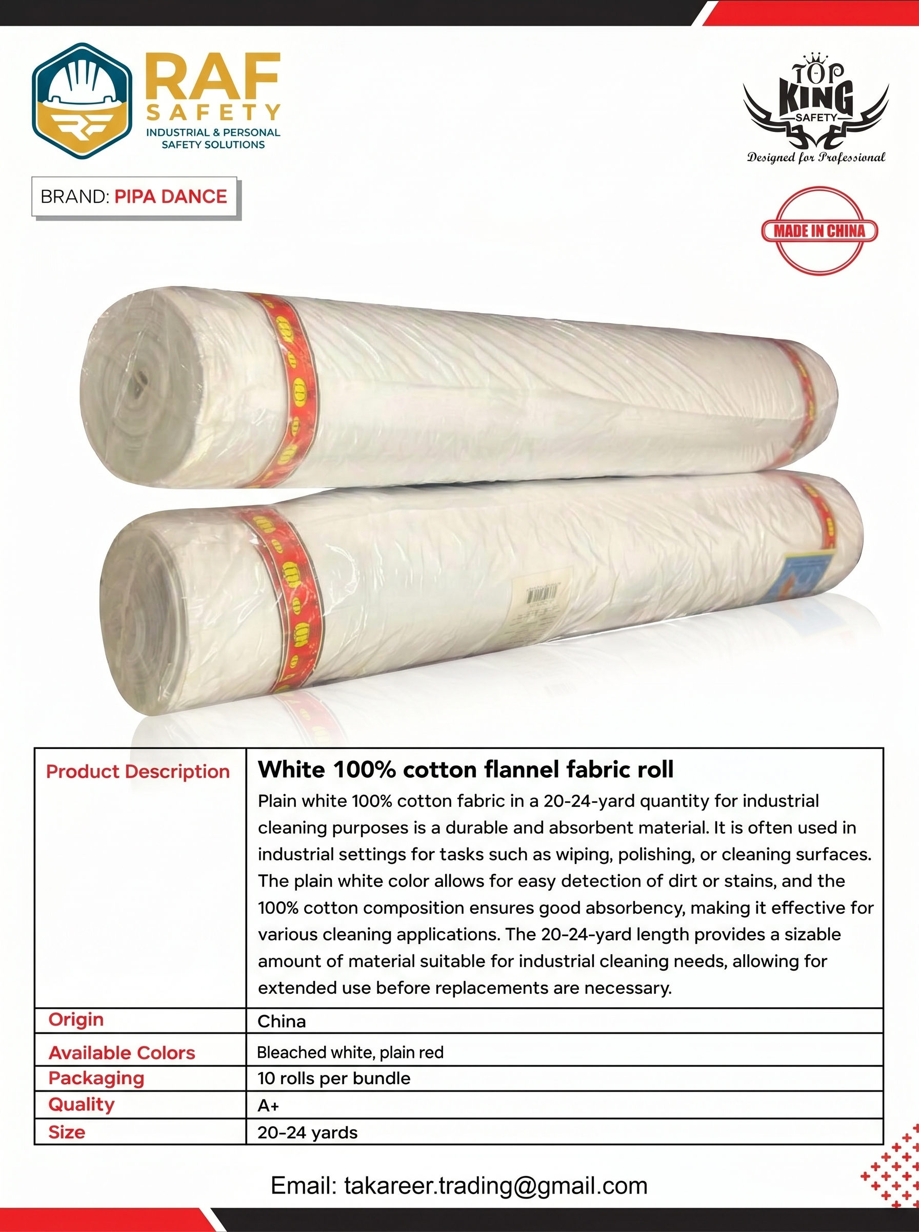 . White 100% Cotton Flannel Fabric Roll - Safety Equipment Saudi Arabia | RAF Safety