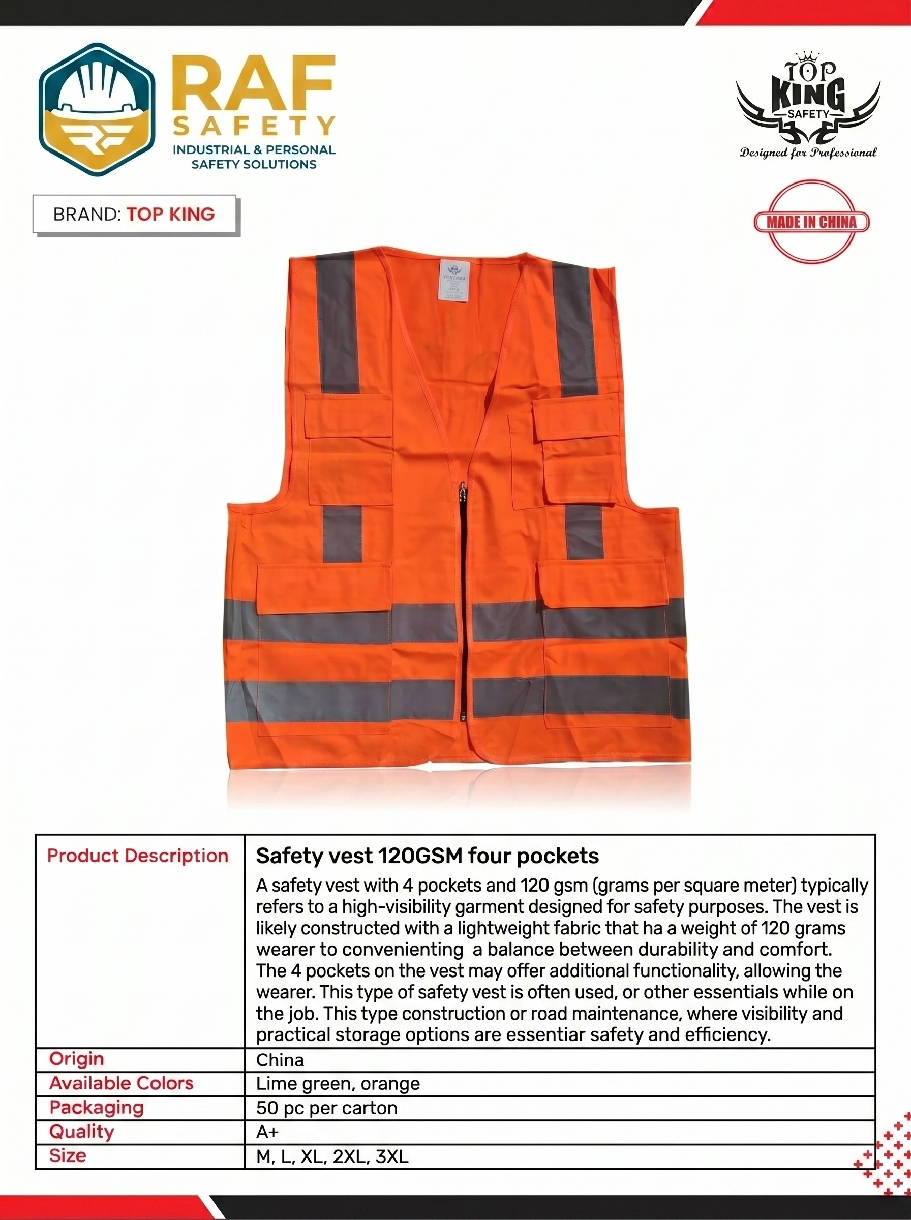 Safety Vest 120GSM — Four Pockets (Orange) - Safety Equipment Saudi Arabia | RAF Safety