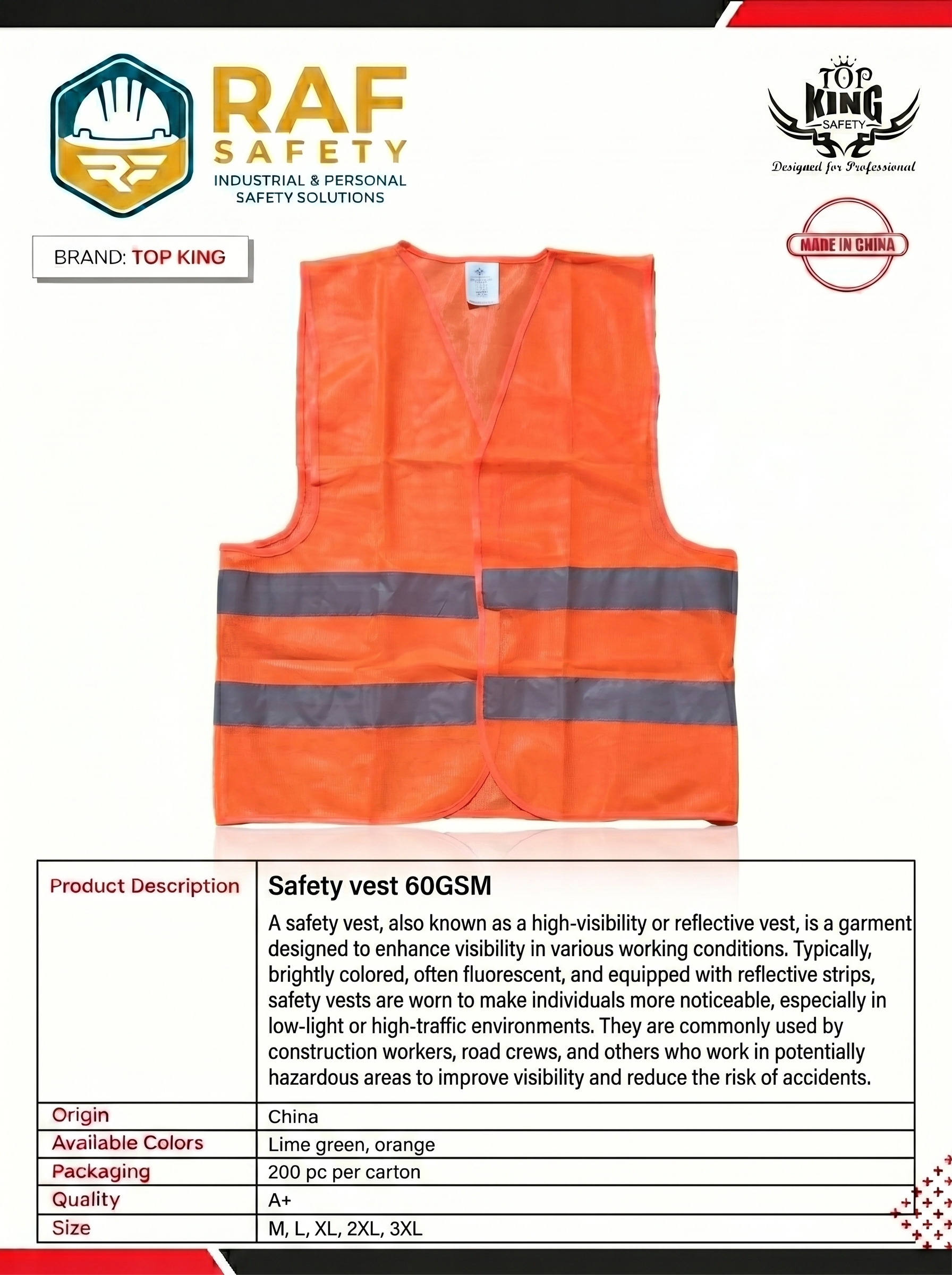 Safety Vest 60GSM (Orange) - Safety Equipment Saudi Arabia | RAF Safety