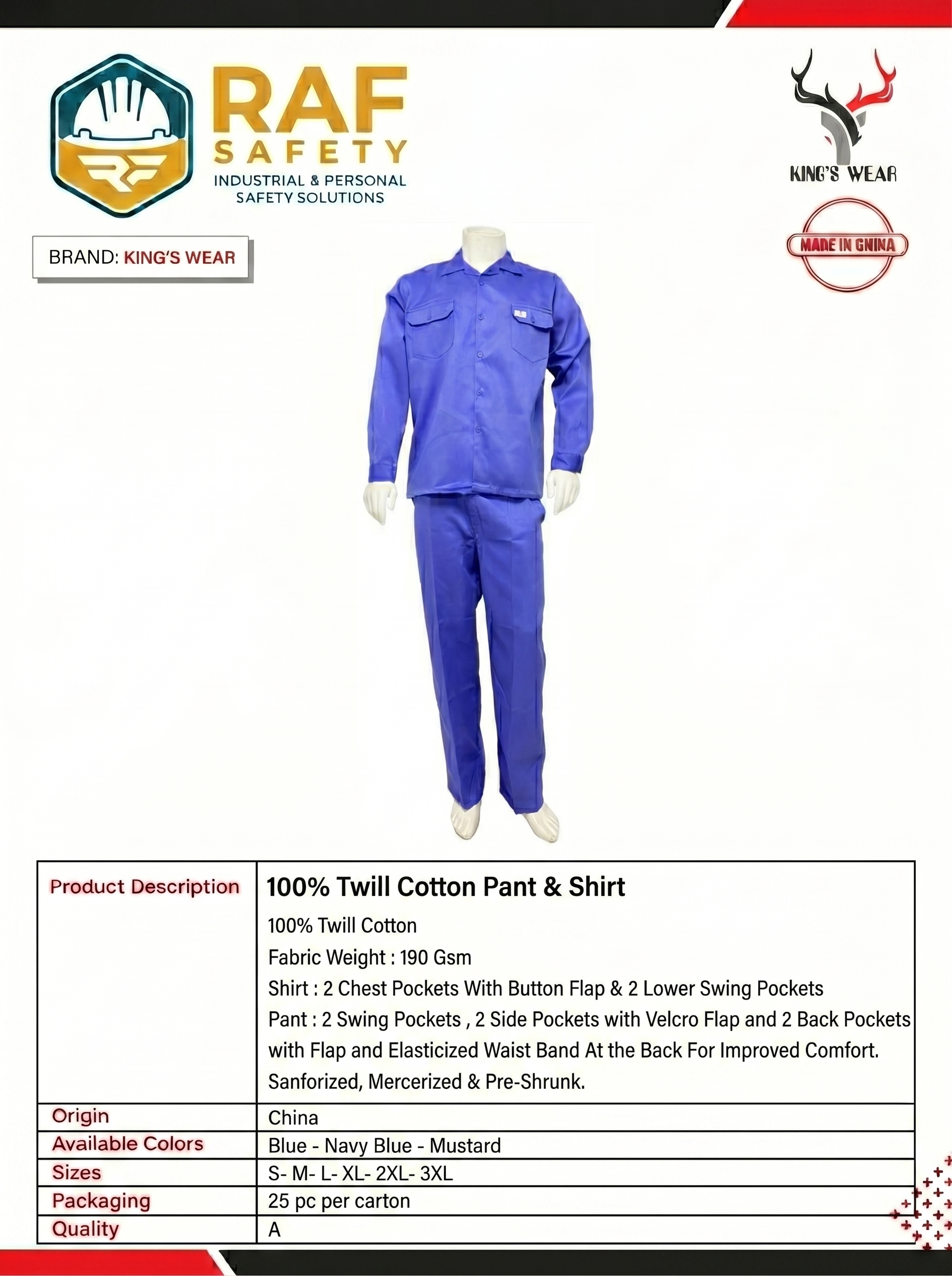 100% Twill Cotton Pant & Shirt — Blue (King's Wear) - Safety Equipment Saudi Arabia | RAF Safety