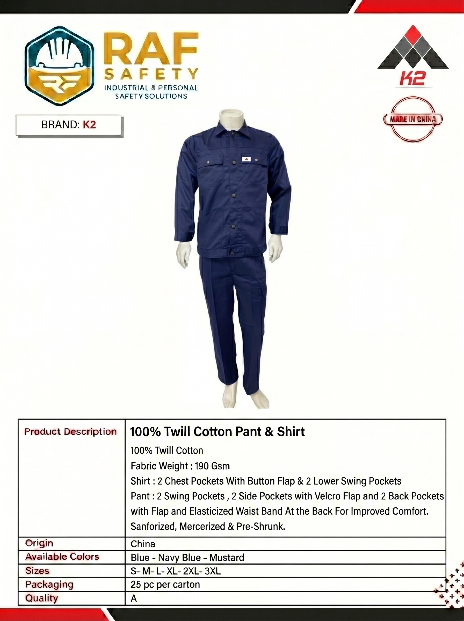100% Twill Cotton Pant & Shirt — Navy Blue (K2) - Safety Equipment Saudi Arabia | RAF Safety