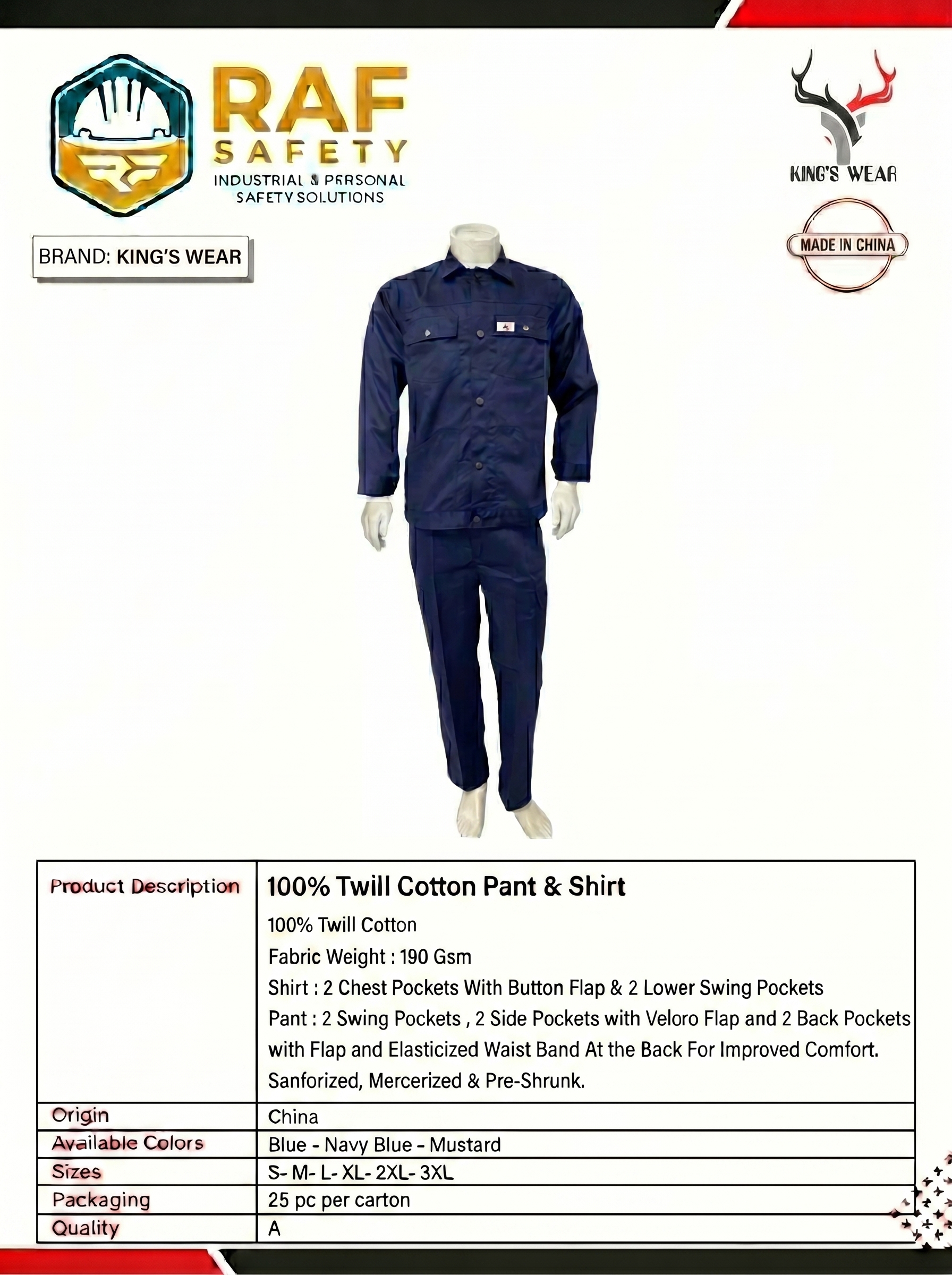 100% Twill Cotton Pant & Shirt — Navy Blue (King's Wear) - Safety Equipment Saudi Arabia | RAF Safety