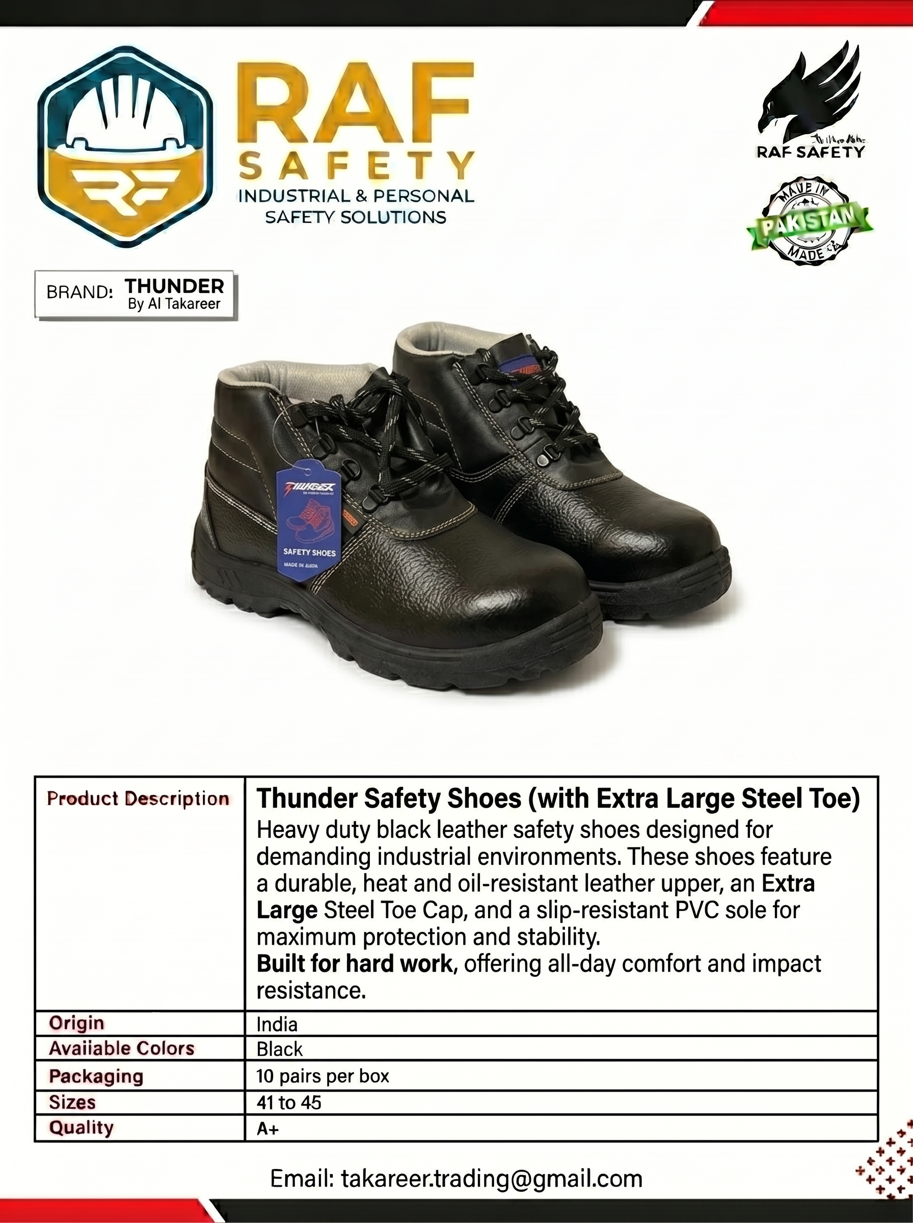 Thunder Safety Shoes (with Extra Large Steel Toe) - Safety Equipment Saudi Arabia | RAF Safety