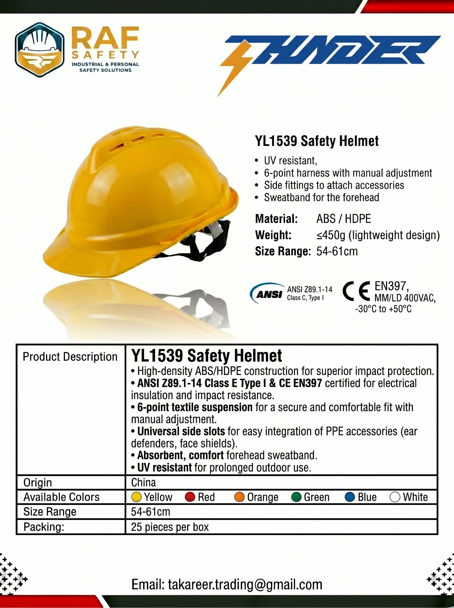 YL1539 Safety Helmet - Safety Equipment Saudi Arabia | RAF Safety